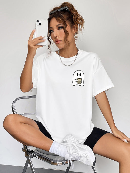 Round Neck Short Sleeve Ghost Graphic T-Shirt - Trendy AF