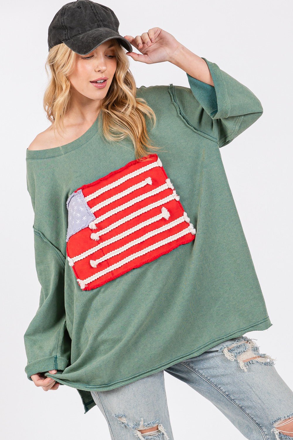 SAGE + FIG Full Size American Flag Patch Drop Shoulder T-Shirt - Trendy AF