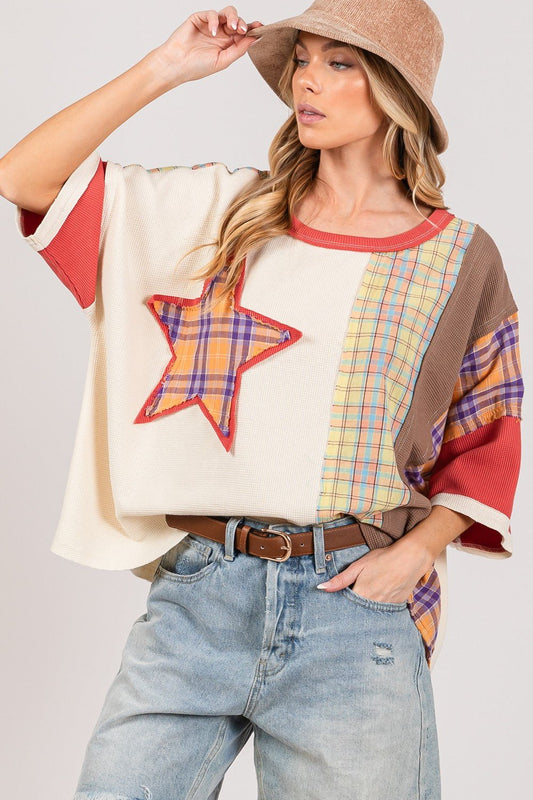 SAGE + FIG Round Neck Plaid Star Patch T-Shirt - Trendy AF