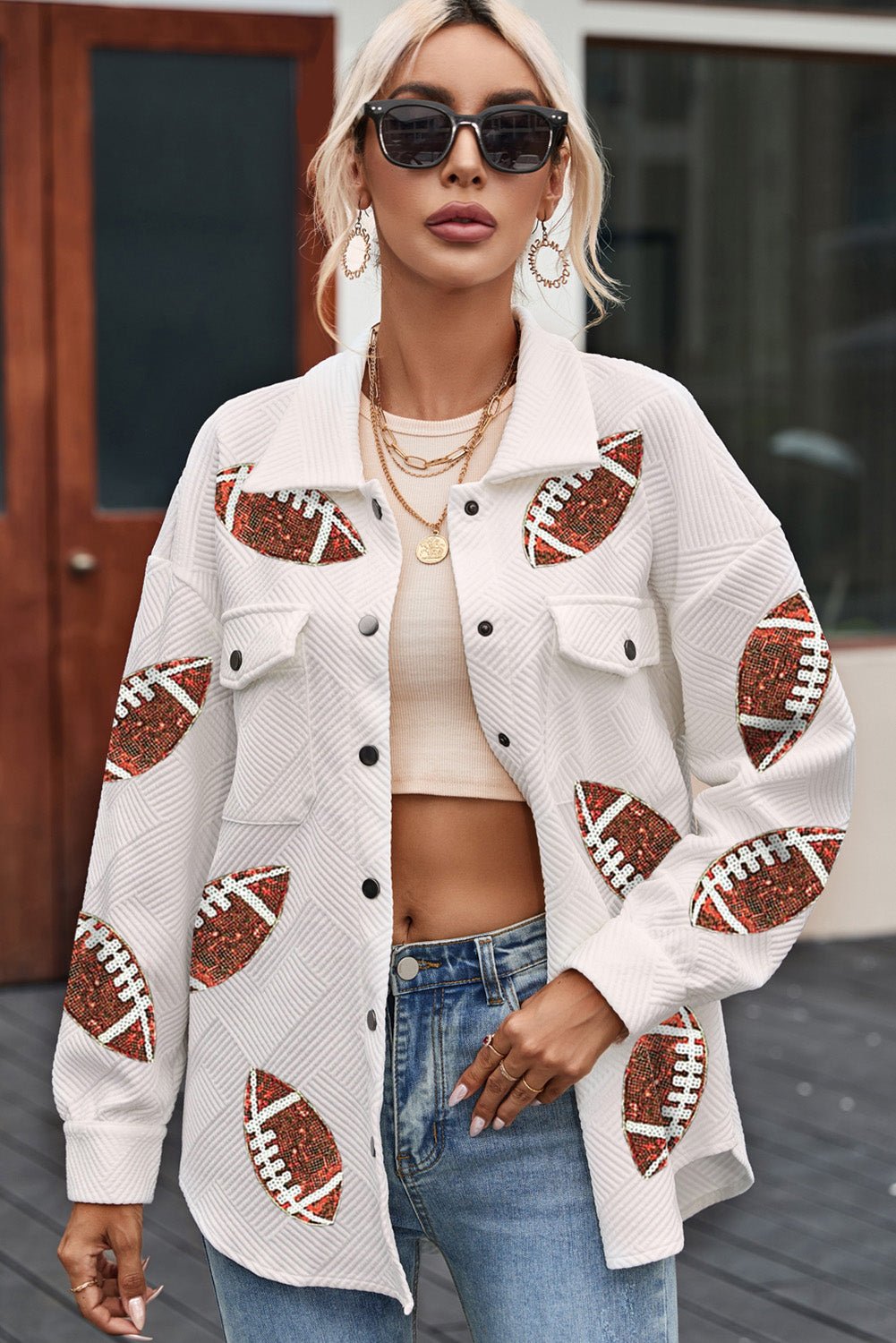 Sequin Football Patch Collared Neck Snap Button Jacket - Trendy AF