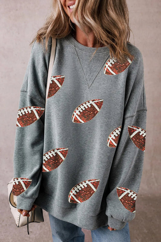 Sequin Football Round Neck Long Sleeve Sweatshirt - Trendy AF