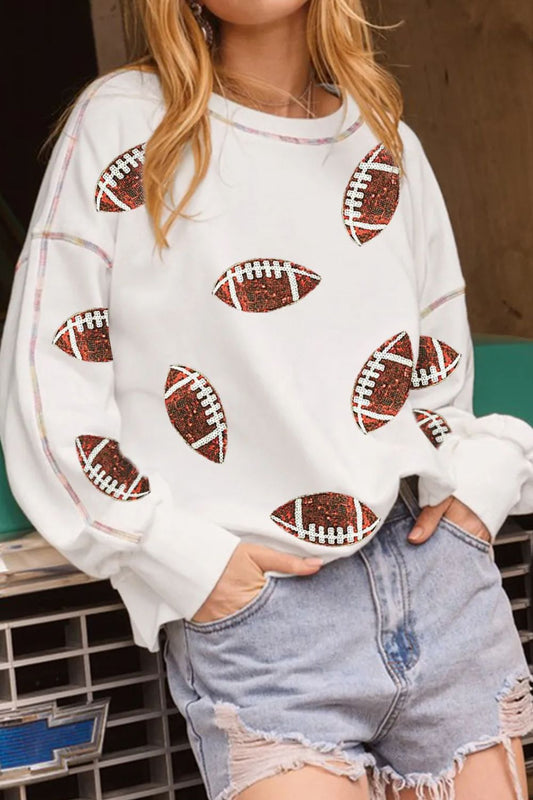 Sequin Football Round Neck Long Sleeve Sweatshirt - Trendy AF