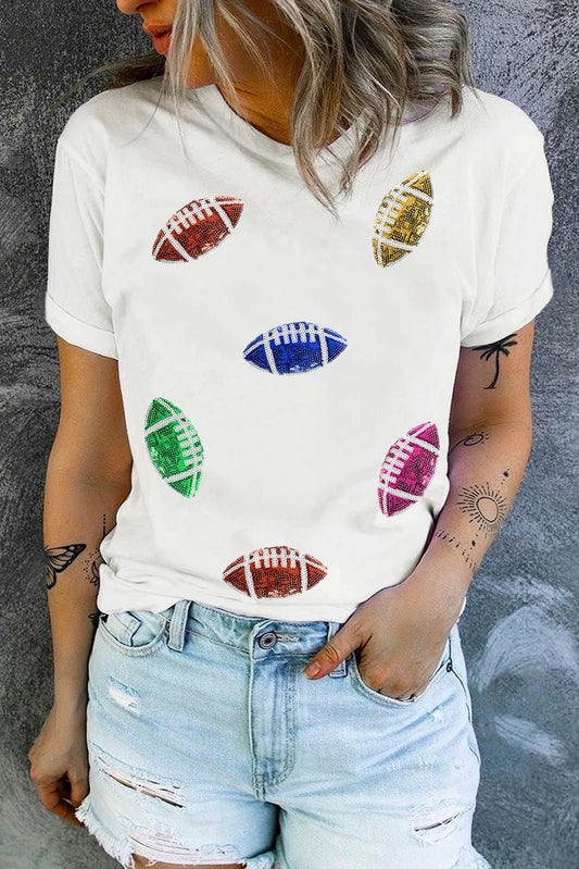 Sequin Football Round Neck Short Sleeve T-Shirt - Trendy AF