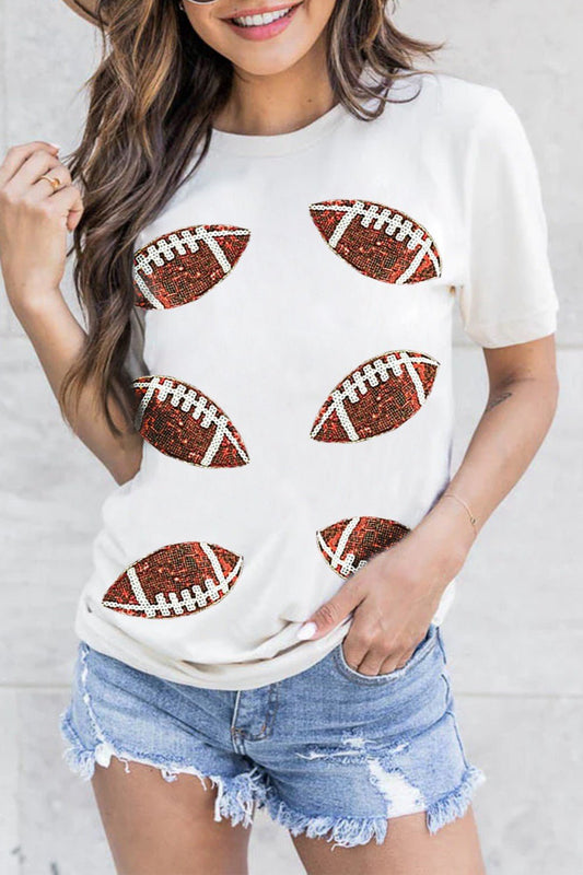 Sequin Football Round Neck Short Sleeve T-Shirt - Trendy AF