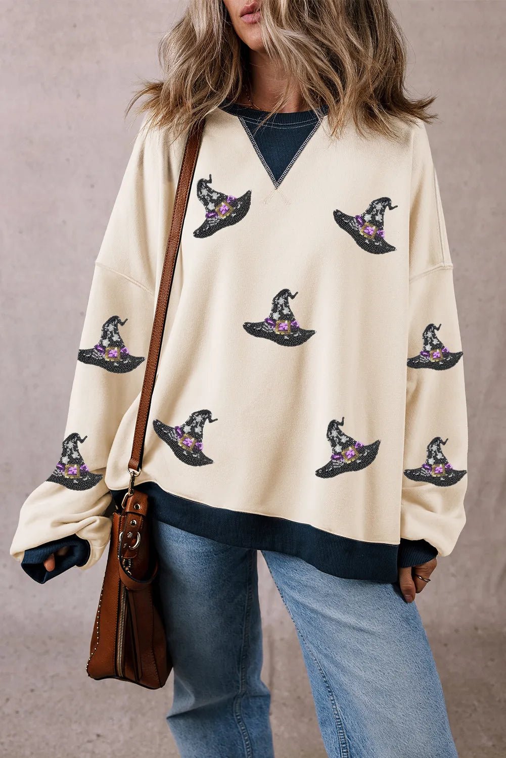 Sequin Hat Print Long Sleeve Sweatshirt - Trendy AF