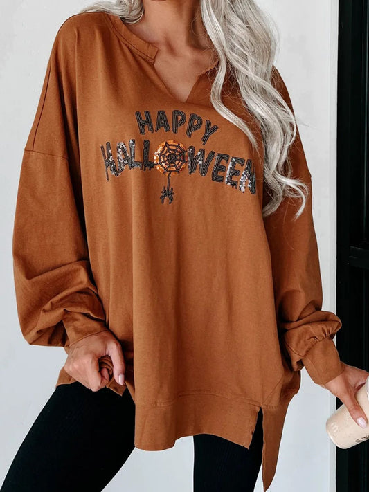 Sequin Letter Graphic Notched Long Sleeve Sweatshirt - Trendy AF