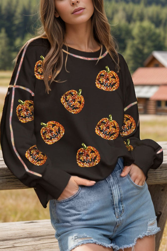 Sequin Pumpkin Round Neck Long Sleeve Sweatshirt - Trendy AF