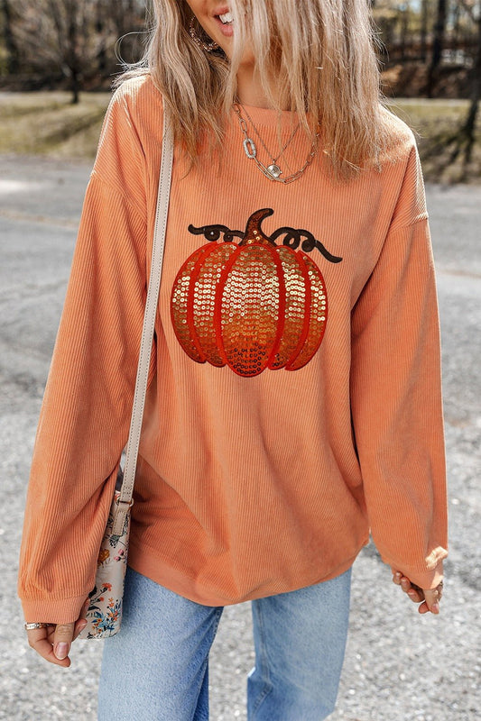 Sequin Pumpkin Round Neck Long Sleeve Sweatshirt - Trendy AF