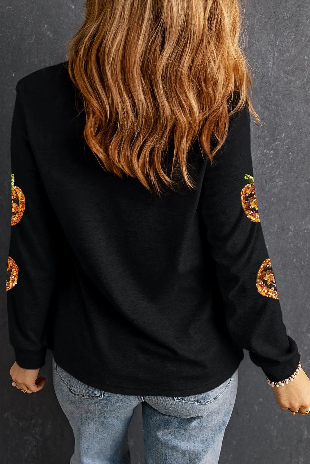 Sequin Pumpkin Round Neck Long Sleeve Top - Trendy AF