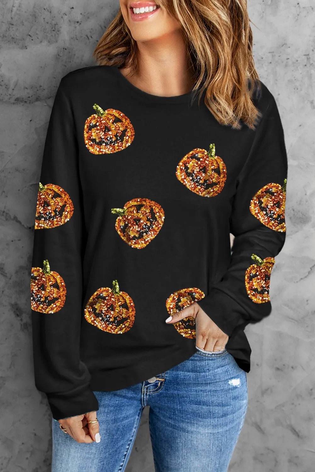 Sequin Pumpkin Round Neck Long Sleeve Top - Trendy AF