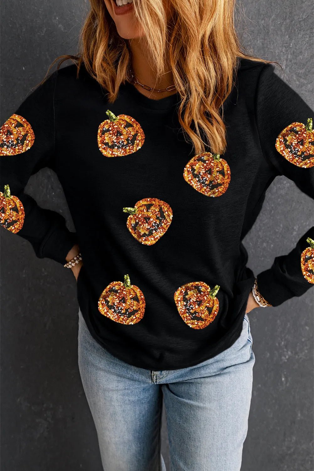 Sequin Pumpkin Round Neck Long Sleeve Top - Trendy AF