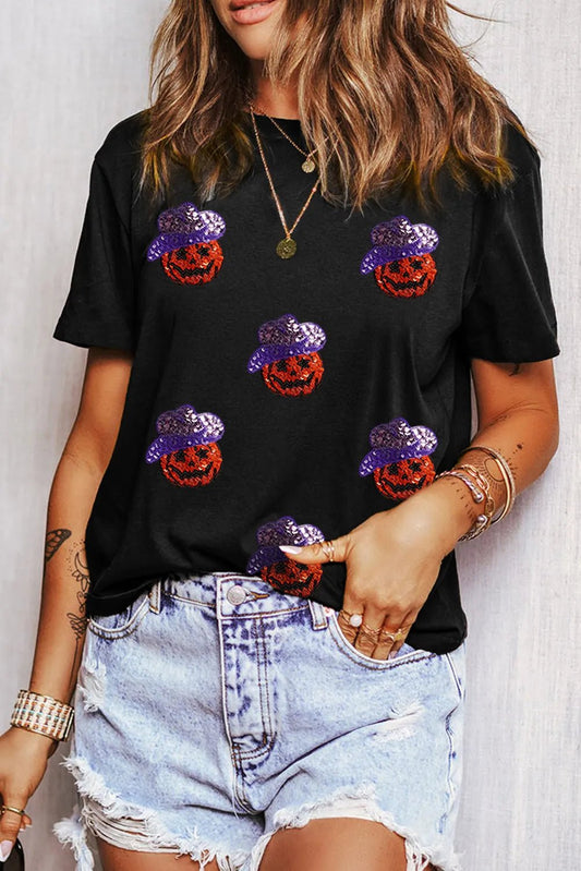 Sequin Pumpkin Round Neck Short Sleeve T-Shirt - Trendy AF