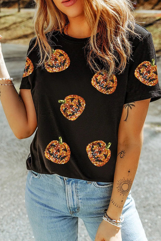 Sequin Pumpkin Round Neck Short Sleeve T-Shirt - Trendy AF