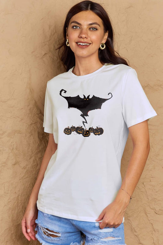 Simply Love Full Size Bat & Pumpkin Graphic Cotton T-Shirt - Trendy AF