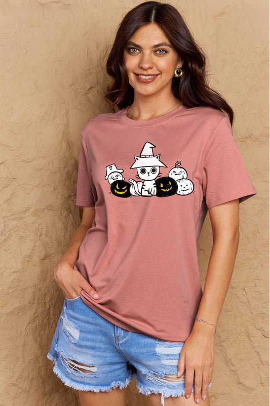 Simply Love Full Size Cat & Pumpkin Graphic Cotton T-Shirt - Trendy AF