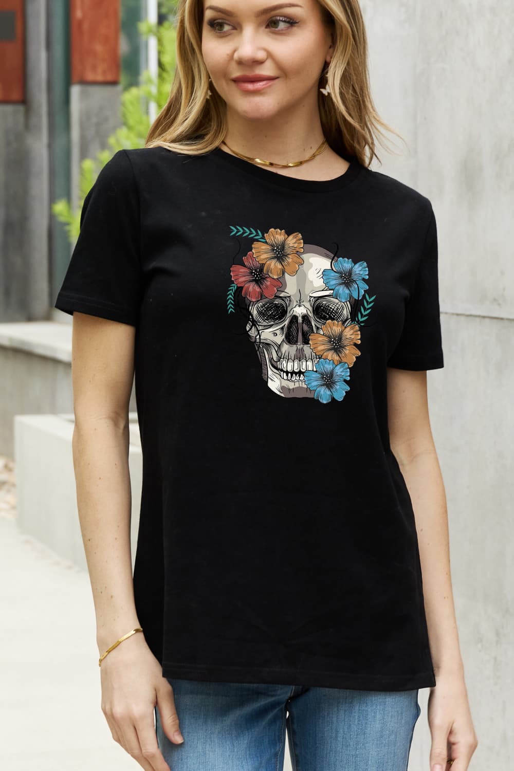 Simply Love Full Size Flower Skull Graphic Cotton Tee - Trendy AF