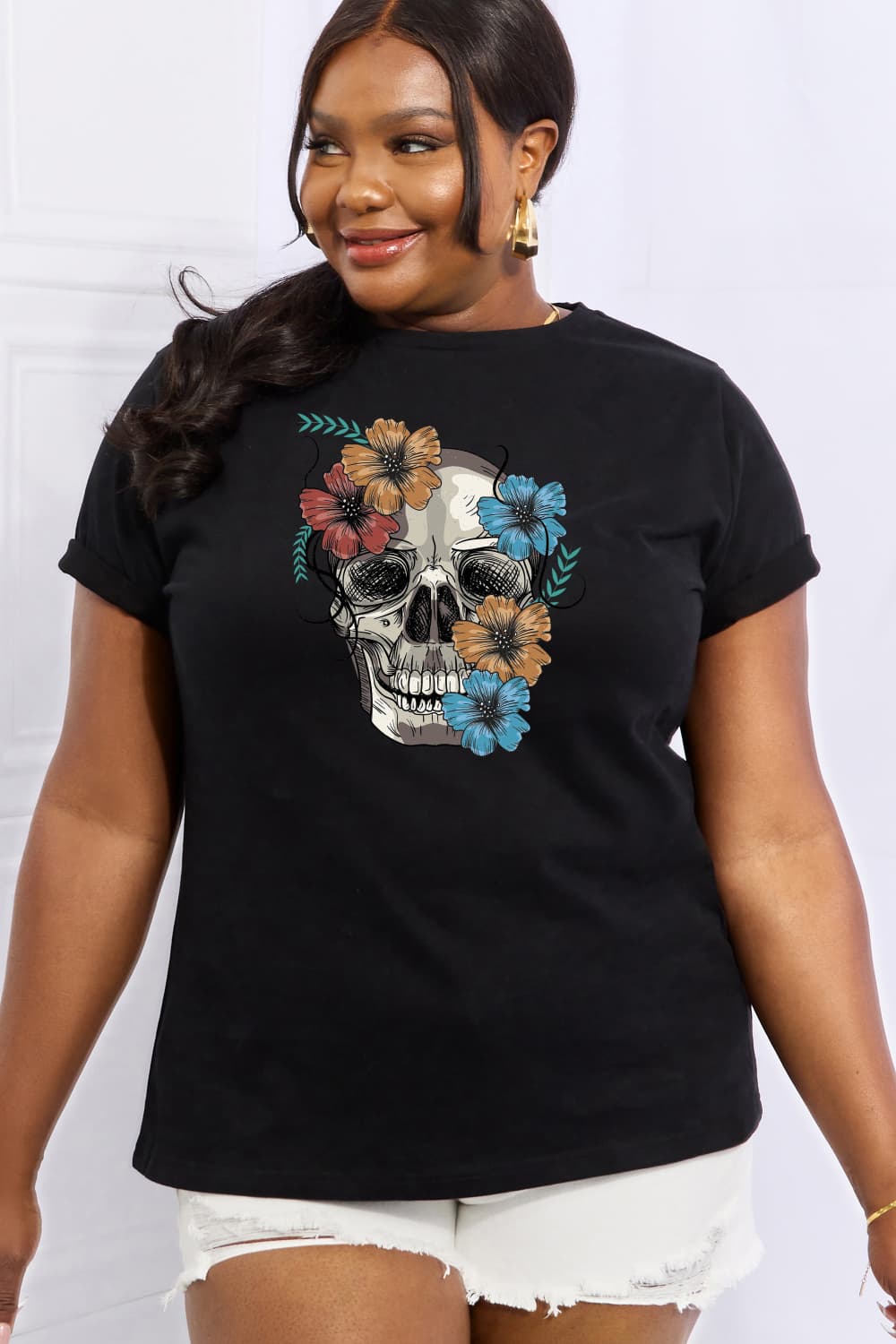 Simply Love Full Size Flower Skull Graphic Cotton Tee - Trendy AF