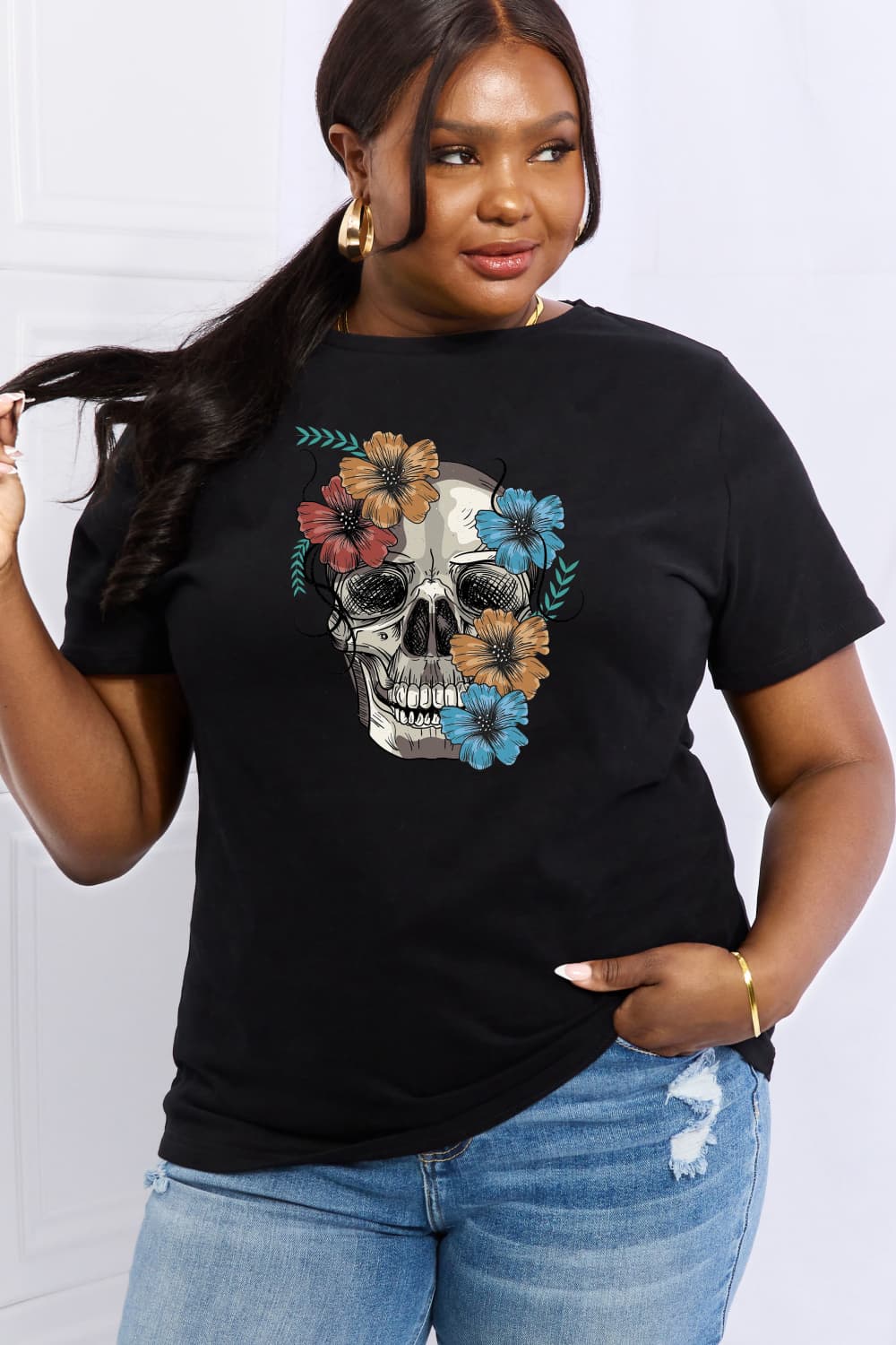 Simply Love Full Size Flower Skull Graphic Cotton Tee - Trendy AF