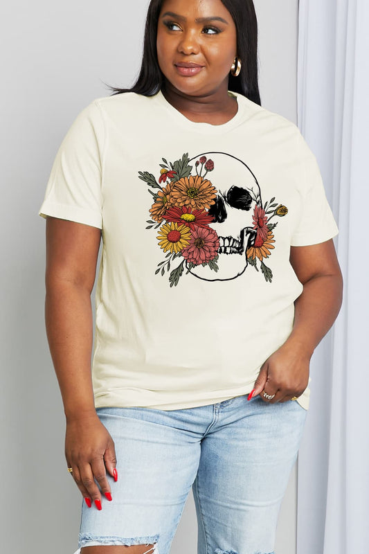 Simply Love Full Size Flower Skull Graphic Cotton Tee - Trendy AF