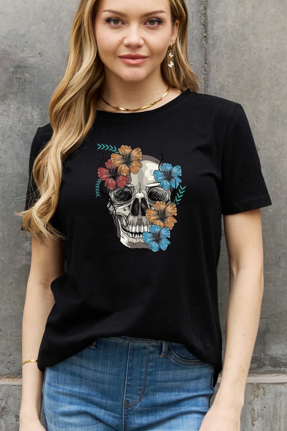 Simply Love Full Size Flower Skull Graphic Cotton Tee - Trendy AF