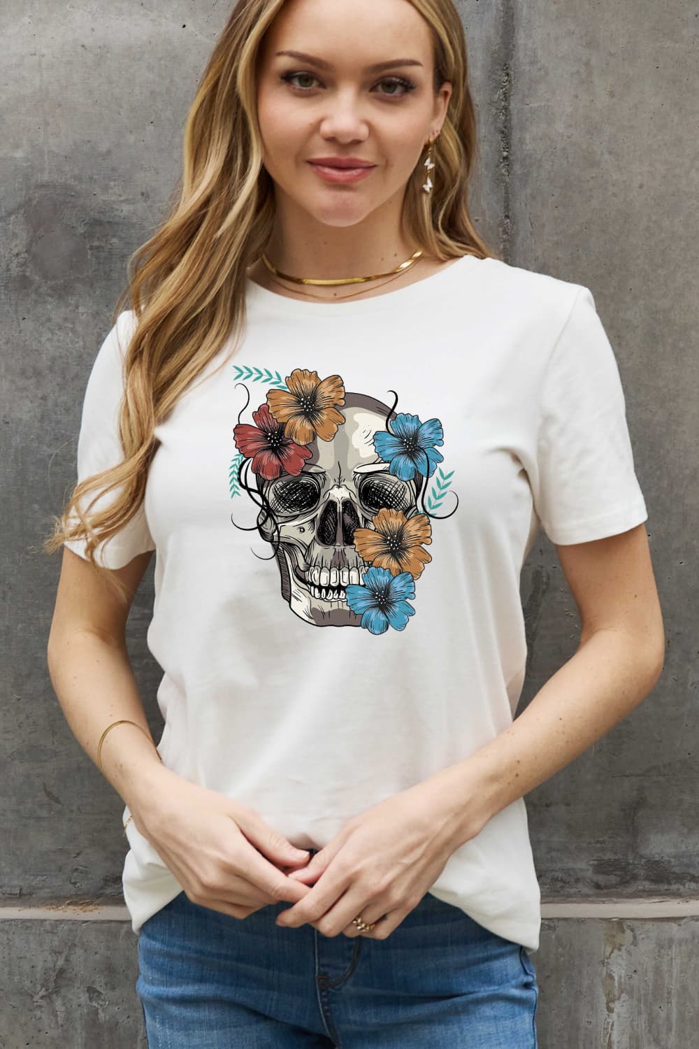 Simply Love Full Size Flower Skull Graphic Cotton Tee - Trendy AF