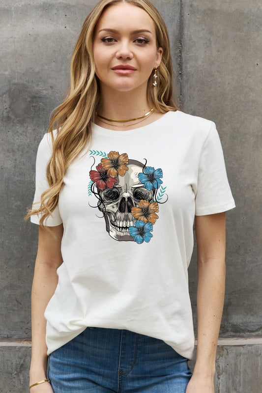 Simply Love Full Size Flower Skull Graphic Cotton Tee - Trendy AF