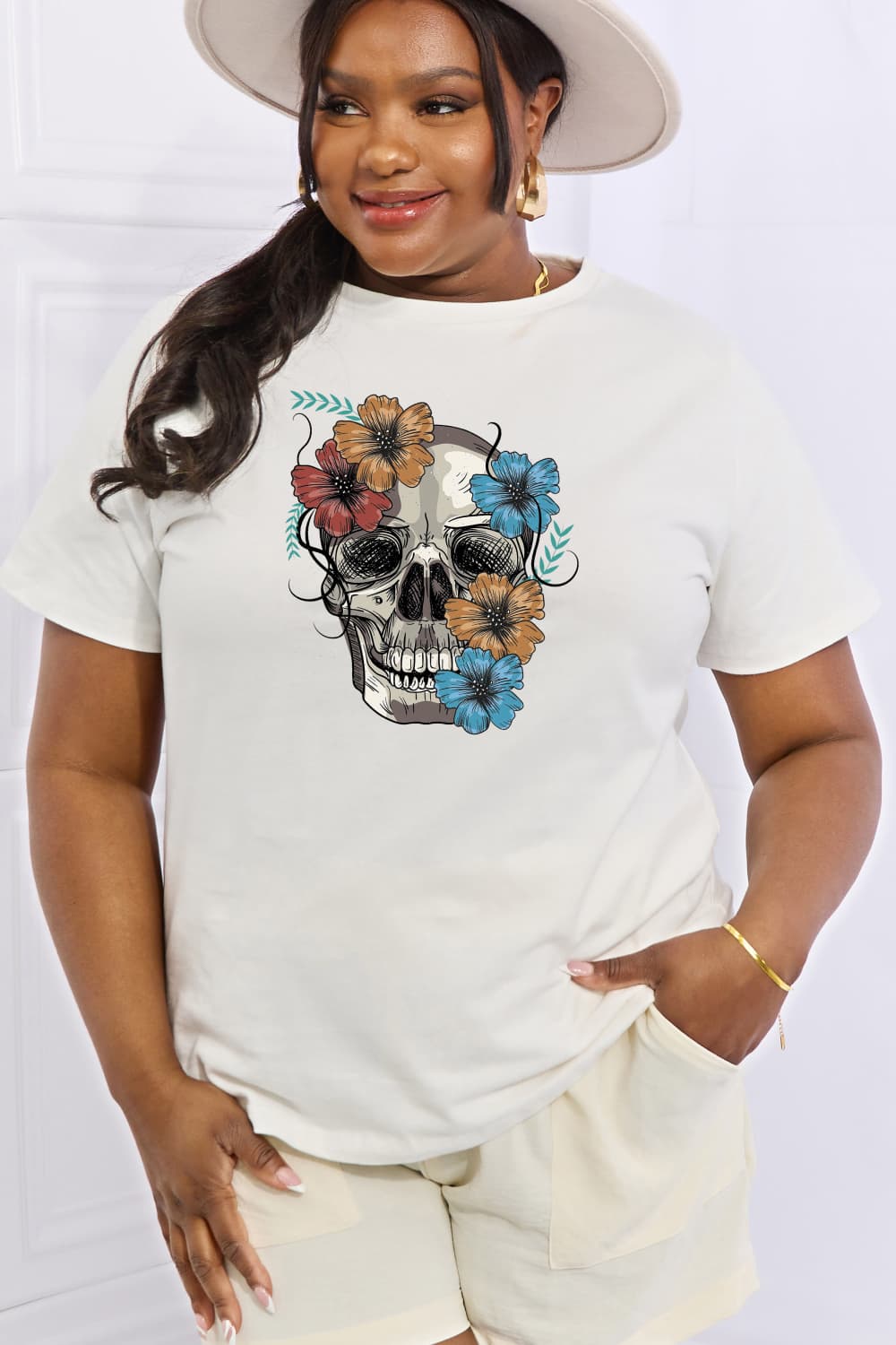 Simply Love Full Size Flower Skull Graphic Cotton Tee - Trendy AF