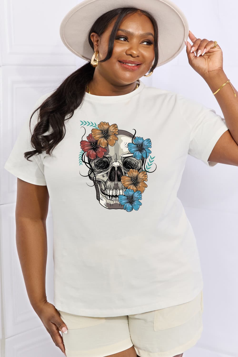 Simply Love Full Size Flower Skull Graphic Cotton Tee - Trendy AF