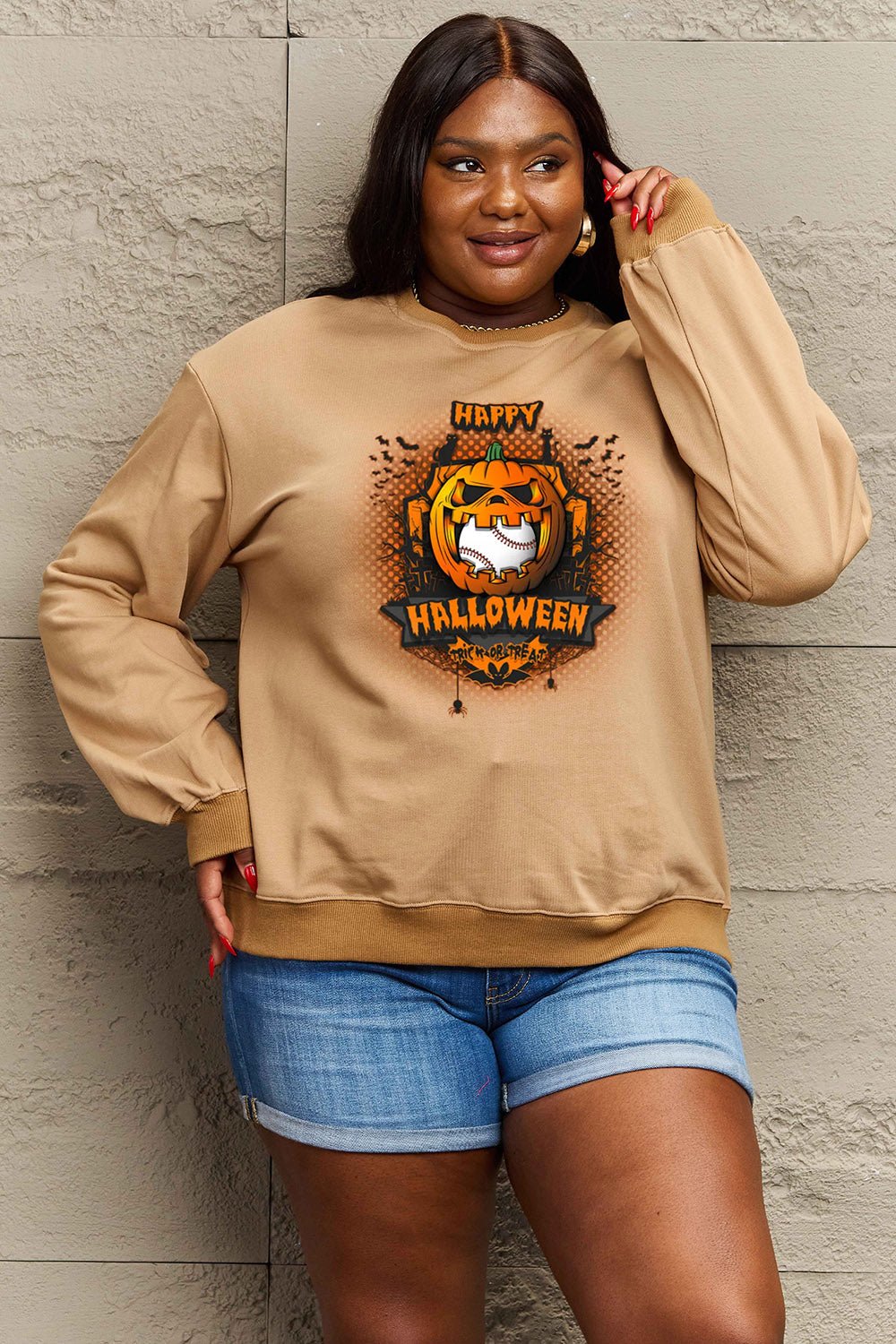 Simply Love Full Size HAPPY HALLOWEEN Graphic Sweatshirt - Trendy AF