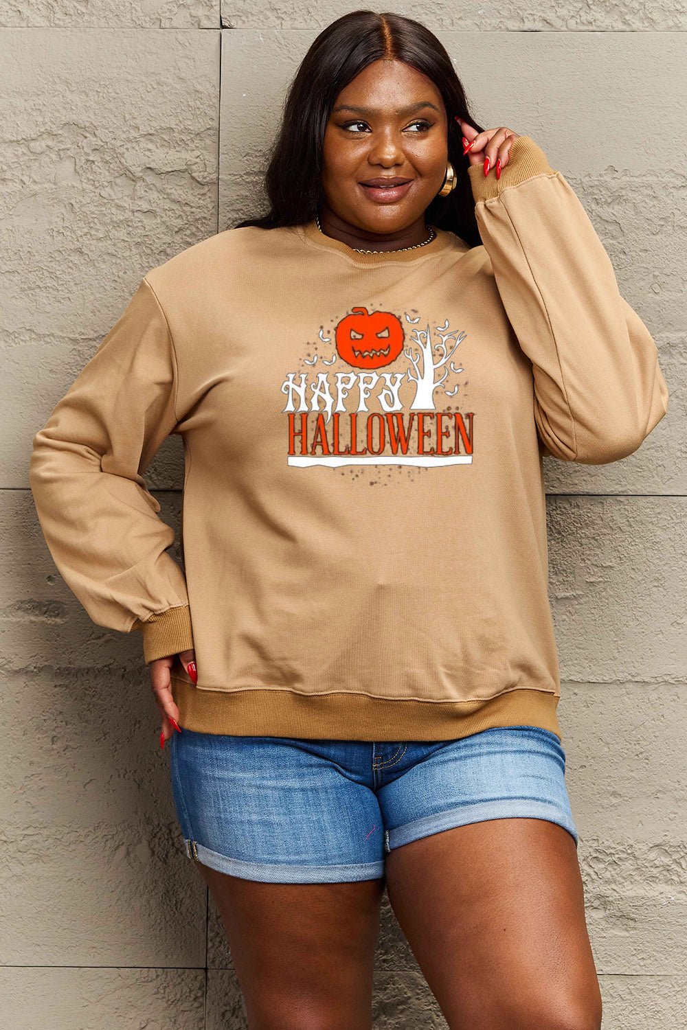 Simply Love Full Size HAPPY HALLOWEEN Graphic Sweatshirt - Trendy AF