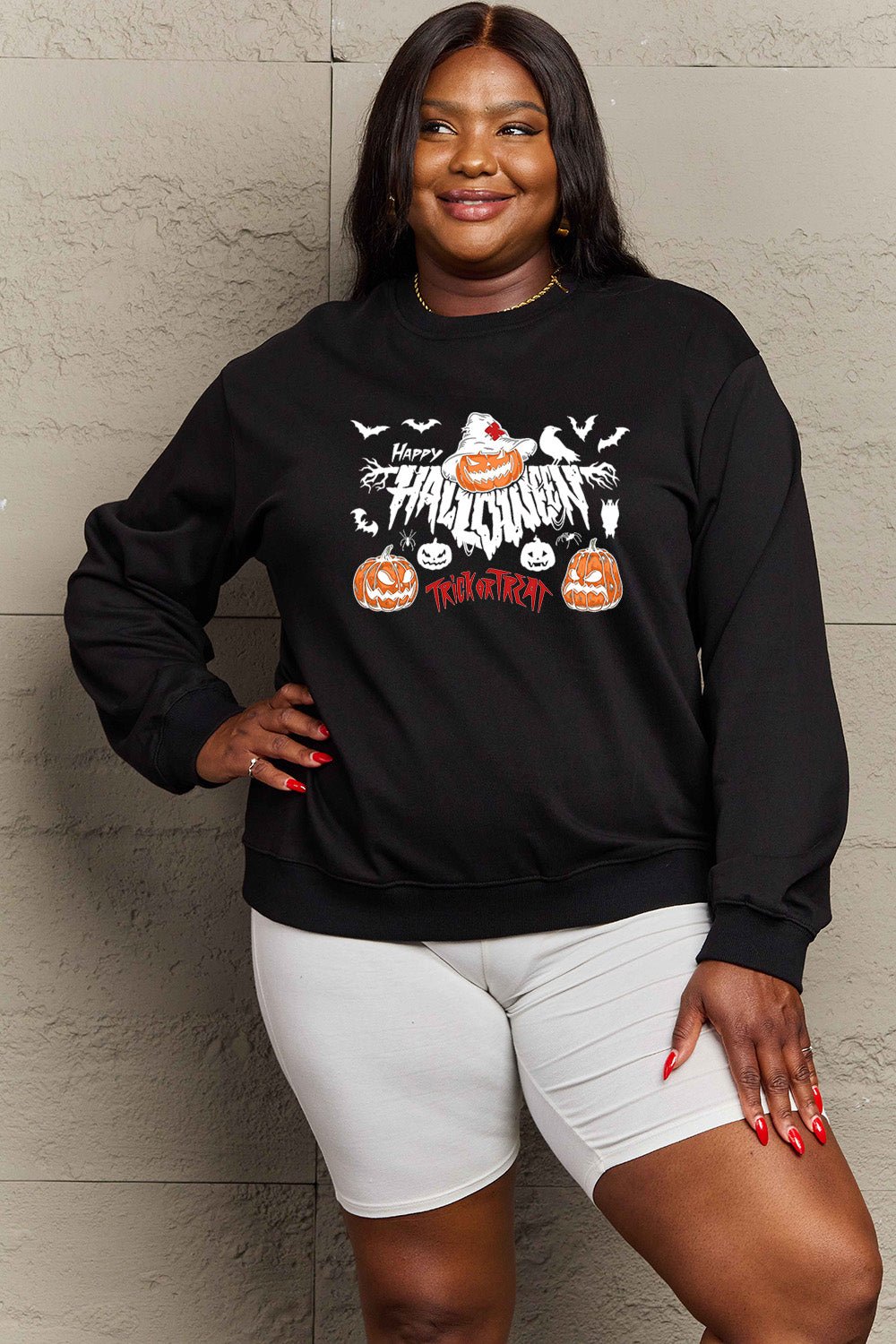 Simply Love Full Size HAPPY HALLOWEEN TRICK OR TREAT Graphic Sweatshirt - Trendy AF