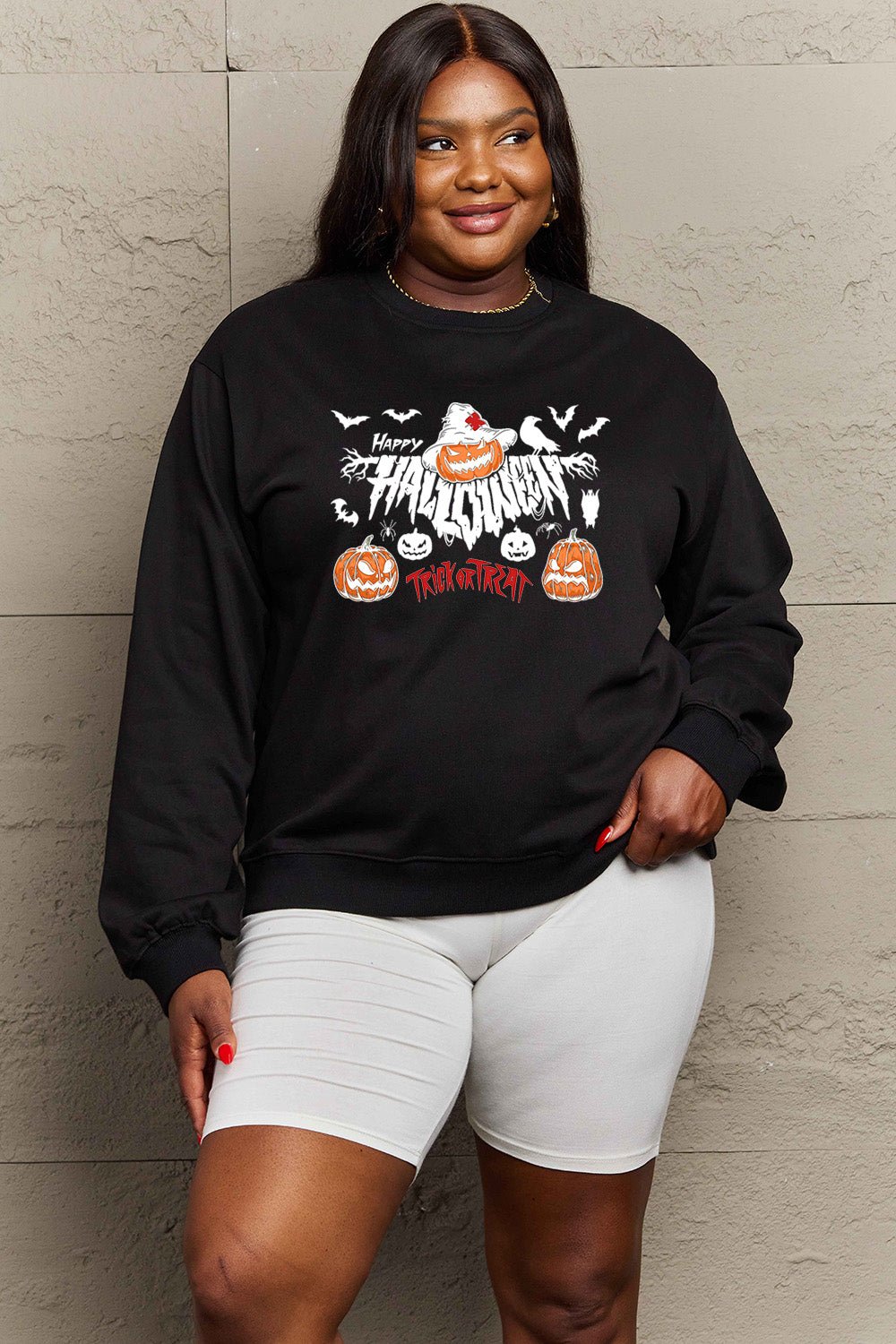 Simply Love Full Size HAPPY HALLOWEEN TRICK OR TREAT Graphic Sweatshirt - Trendy AF