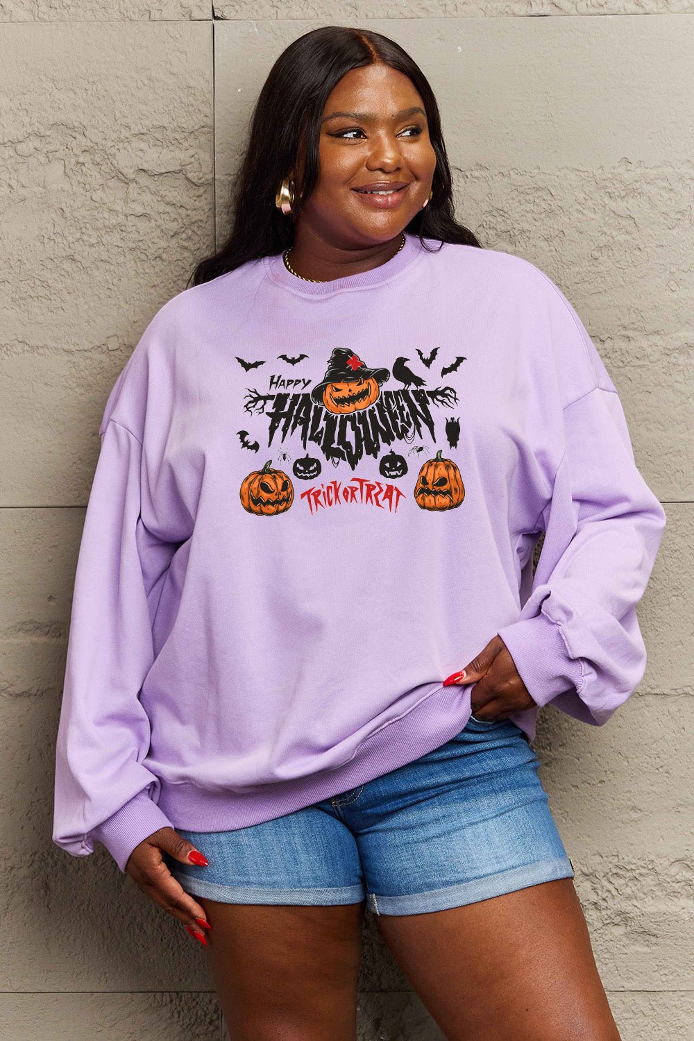 Simply Love Full Size HAPPY HALLOWEEN TRICK OR TREAT Graphic Sweatshirt - Trendy AF