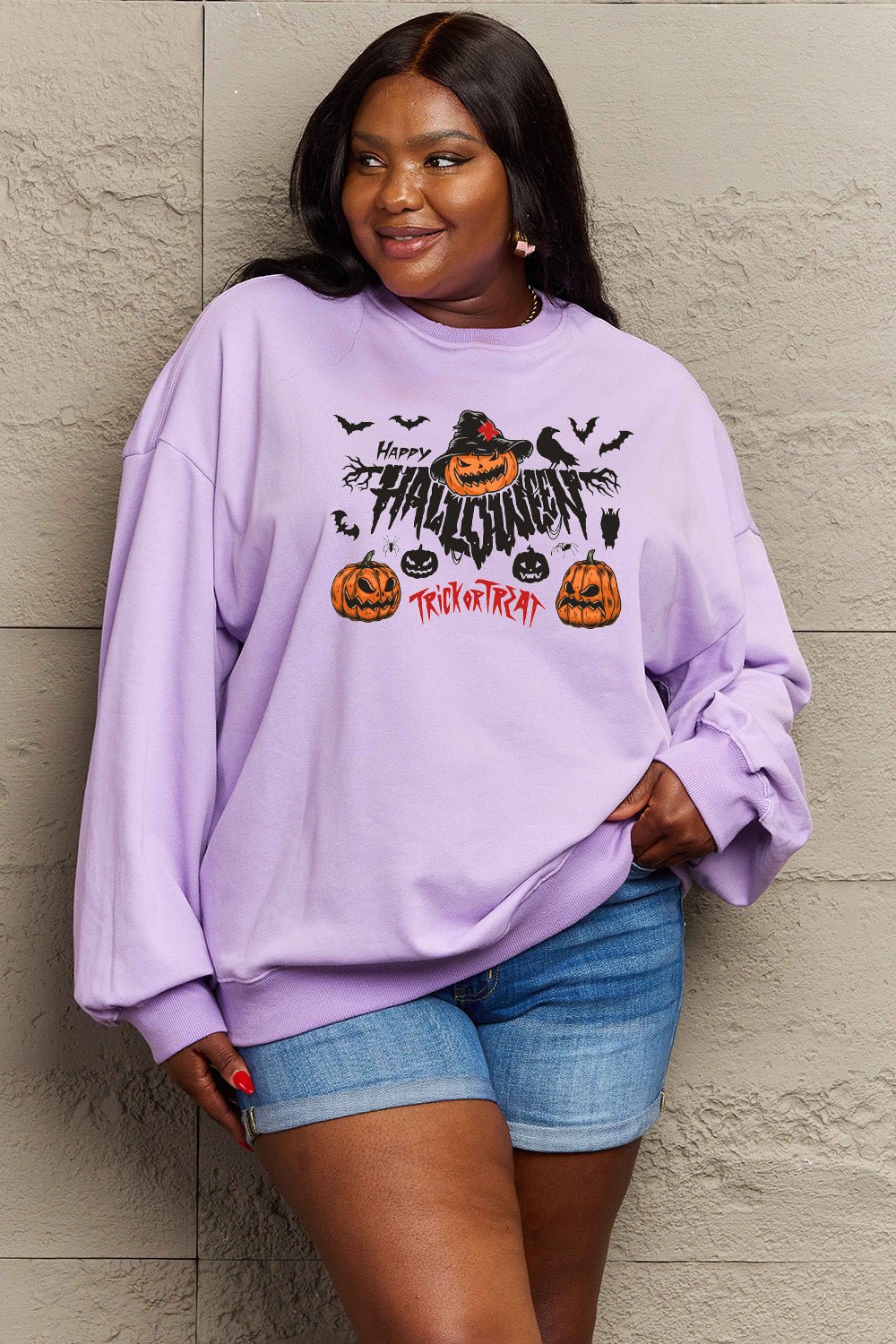 Simply Love Full Size HAPPY HALLOWEEN TRICK OR TREAT Graphic Sweatshirt - Trendy AF