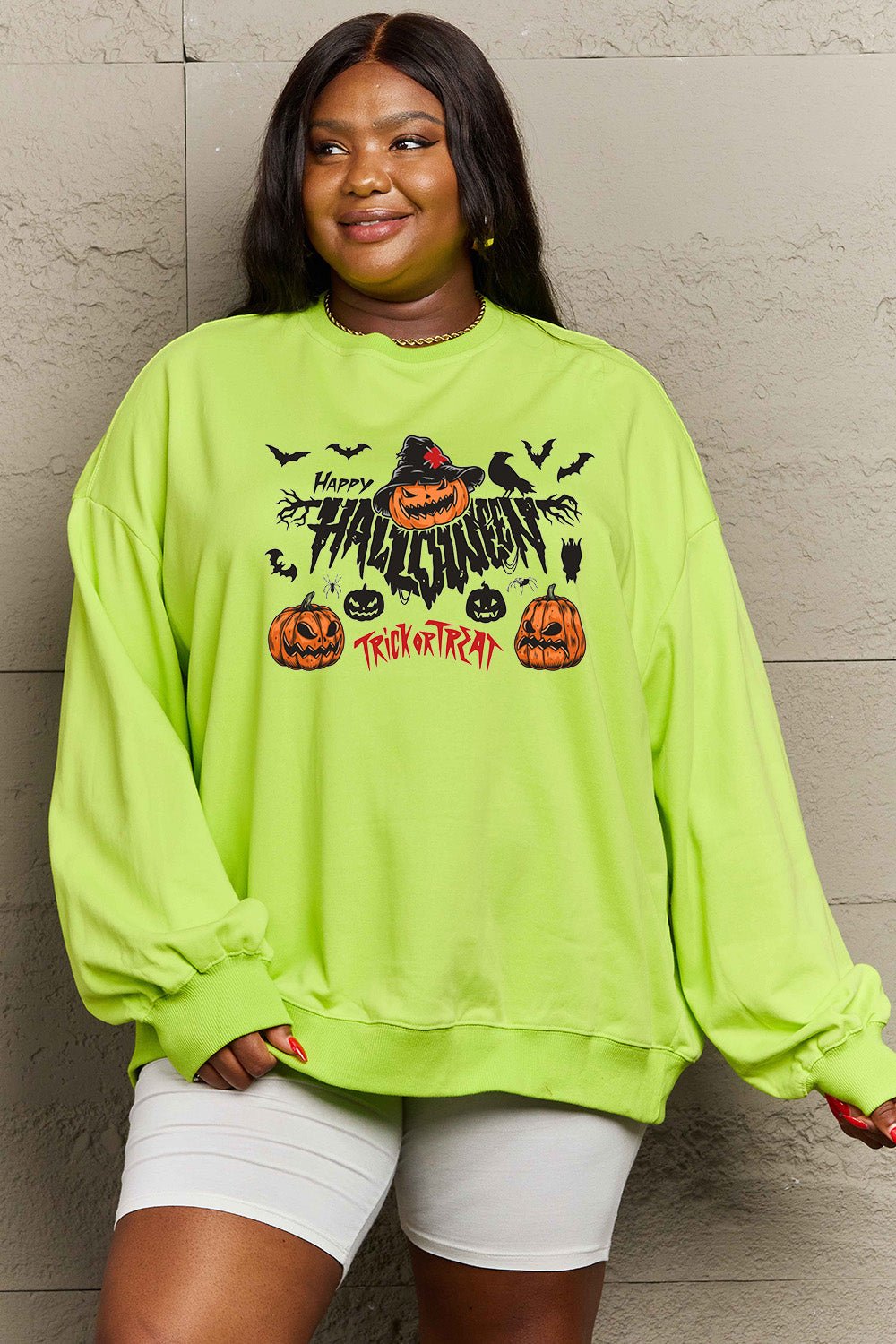 Simply Love Full Size HAPPY HALLOWEEN TRICK OR TREAT Graphic Sweatshirt - Trendy AF