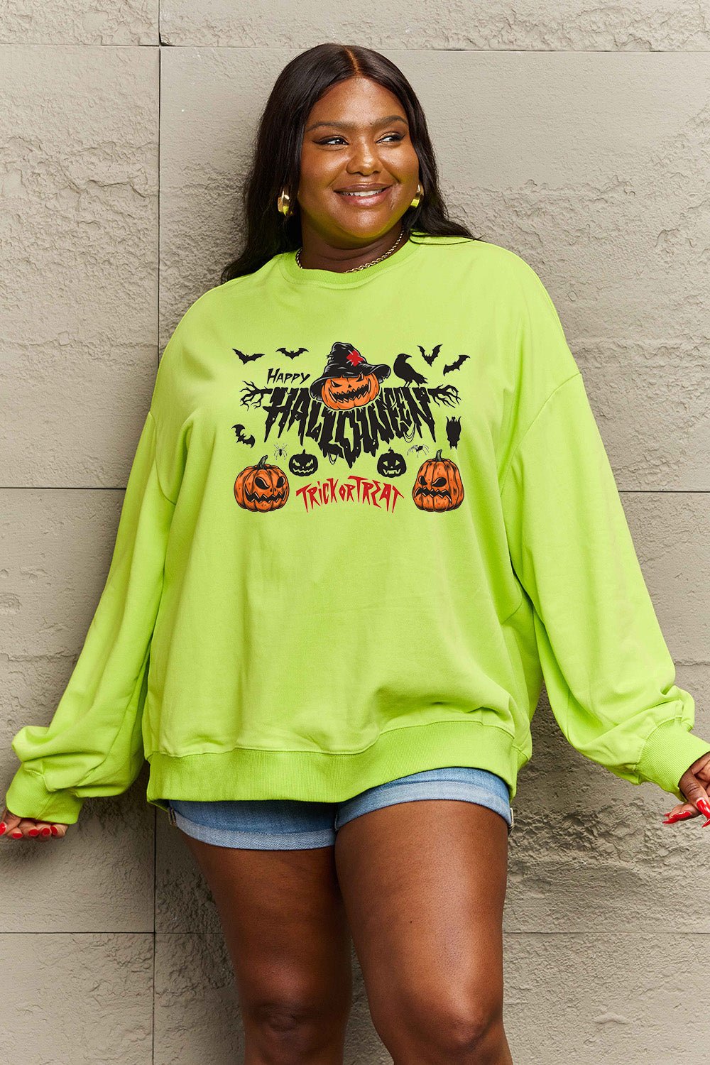 Simply Love Full Size HAPPY HALLOWEEN TRICK OR TREAT Graphic Sweatshirt - Trendy AF