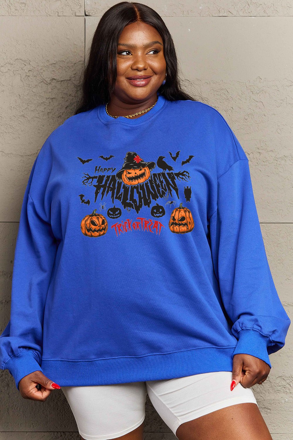 Simply Love Full Size HAPPY HALLOWEEN TRICK OR TREAT Graphic Sweatshirt - Trendy AF