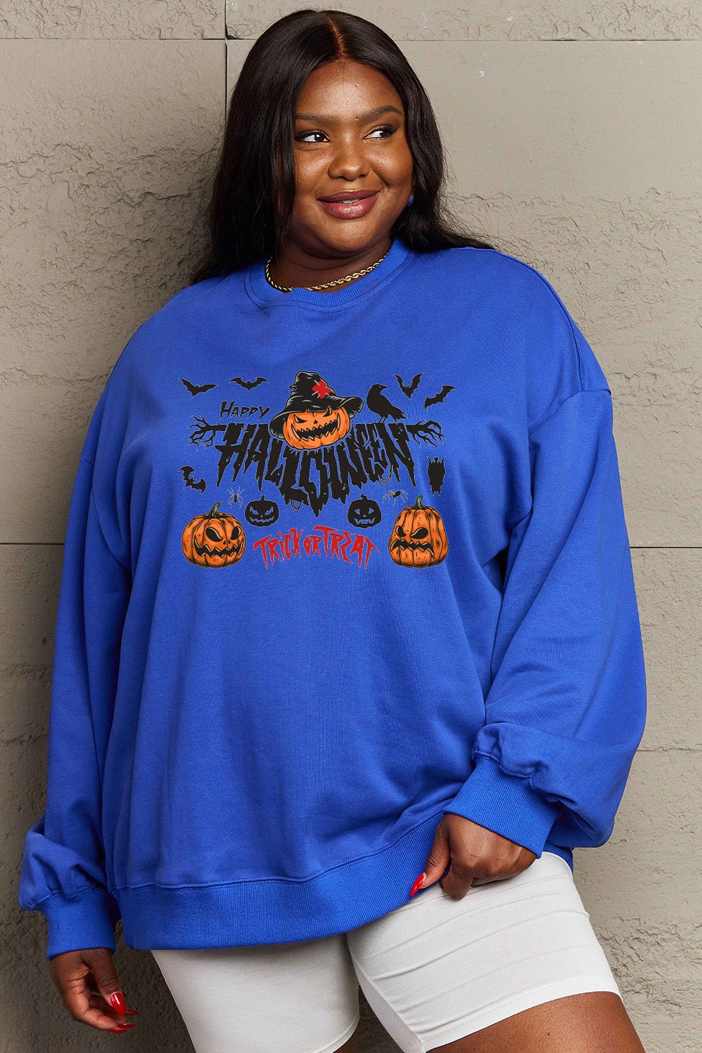 Simply Love Full Size HAPPY HALLOWEEN TRICK OR TREAT Graphic Sweatshirt - Trendy AF