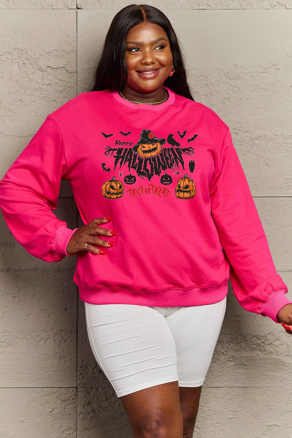 Simply Love Full Size HAPPY HALLOWEEN TRICK OR TREAT Graphic Sweatshirt - Trendy AF