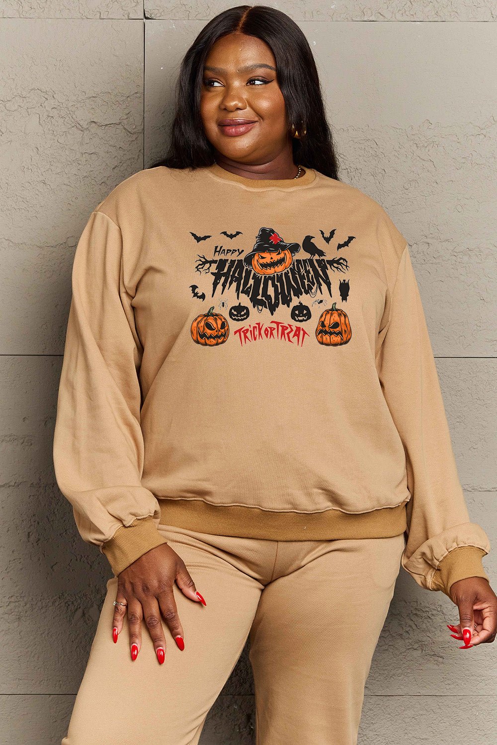 Simply Love Full Size HAPPY HALLOWEEN TRICK OR TREAT Graphic Sweatshirt - Trendy AF