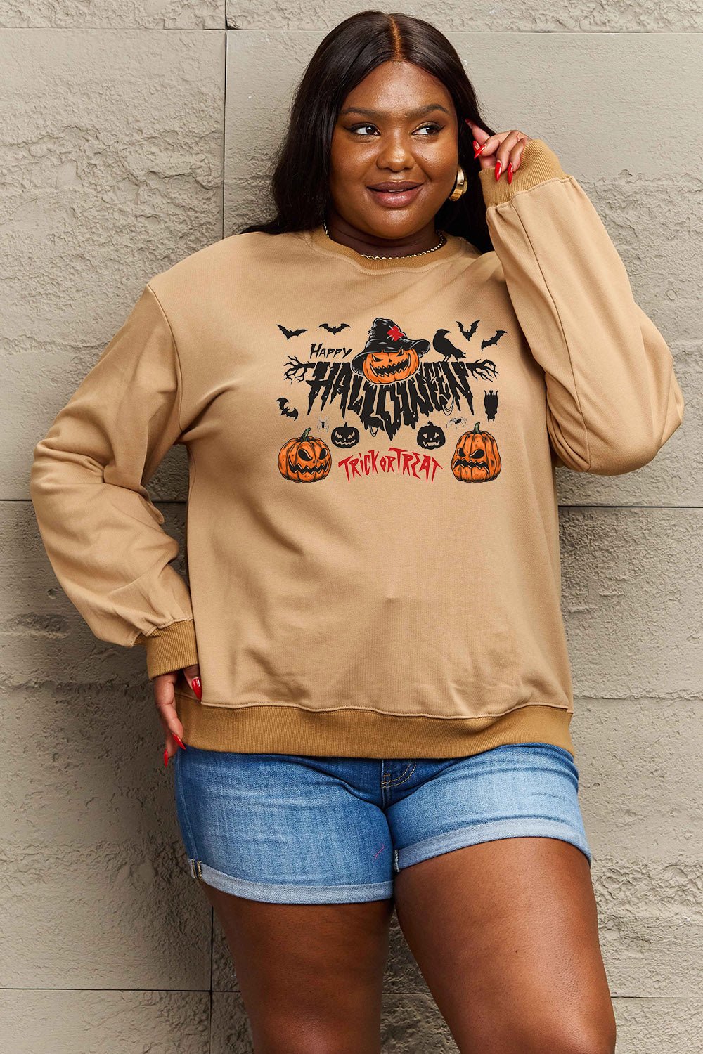 Simply Love Full Size HAPPY HALLOWEEN TRICK OR TREAT Graphic Sweatshirt - Trendy AF