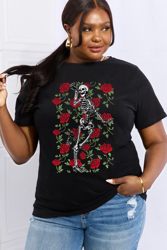 Simply Love Full Size Skeleton & Rose Graphic Cotton Tee - Trendy AF