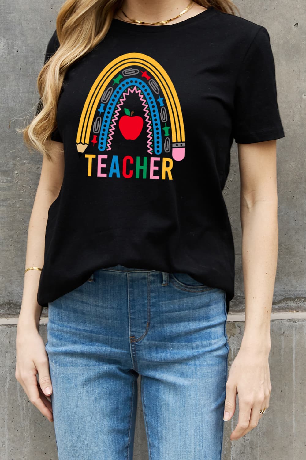 Simply Love Full Size TEACHER Rainbow Graphic Cotton Tee - Trendy AF