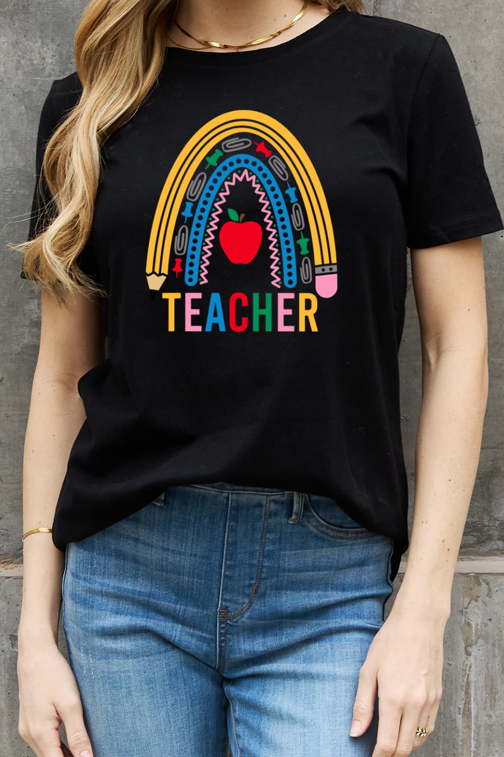 Simply Love Full Size TEACHER Rainbow Graphic Cotton Tee - Trendy AF