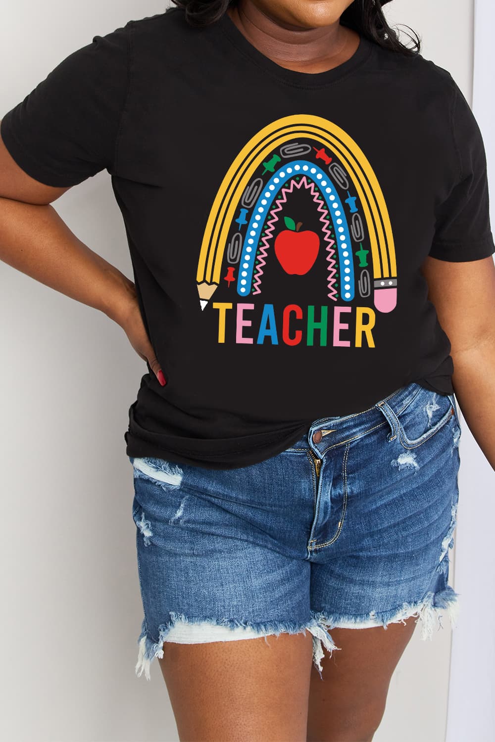 Simply Love Full Size TEACHER Rainbow Graphic Cotton Tee - Trendy AF