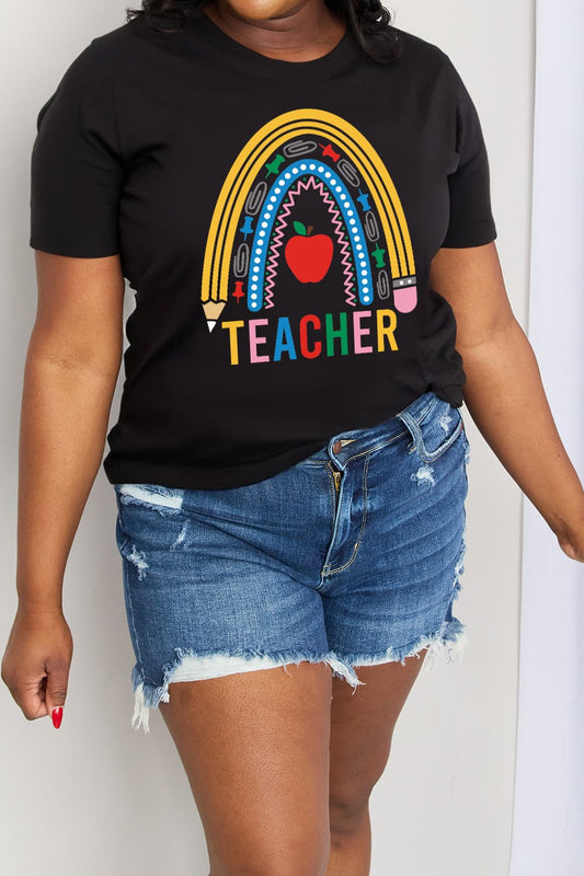 Simply Love Full Size TEACHER Rainbow Graphic Cotton Tee - Trendy AF