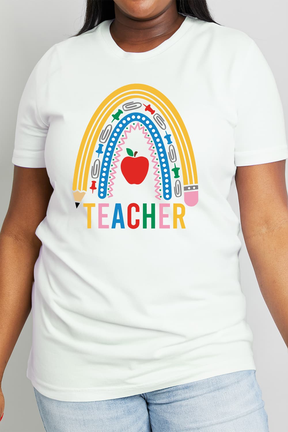 Simply Love Full Size TEACHER Rainbow Graphic Cotton Tee - Trendy AF