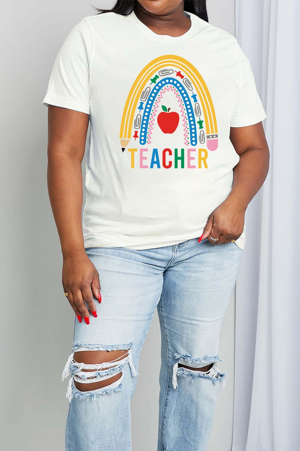 Simply Love Full Size TEACHER Rainbow Graphic Cotton Tee - Trendy AF