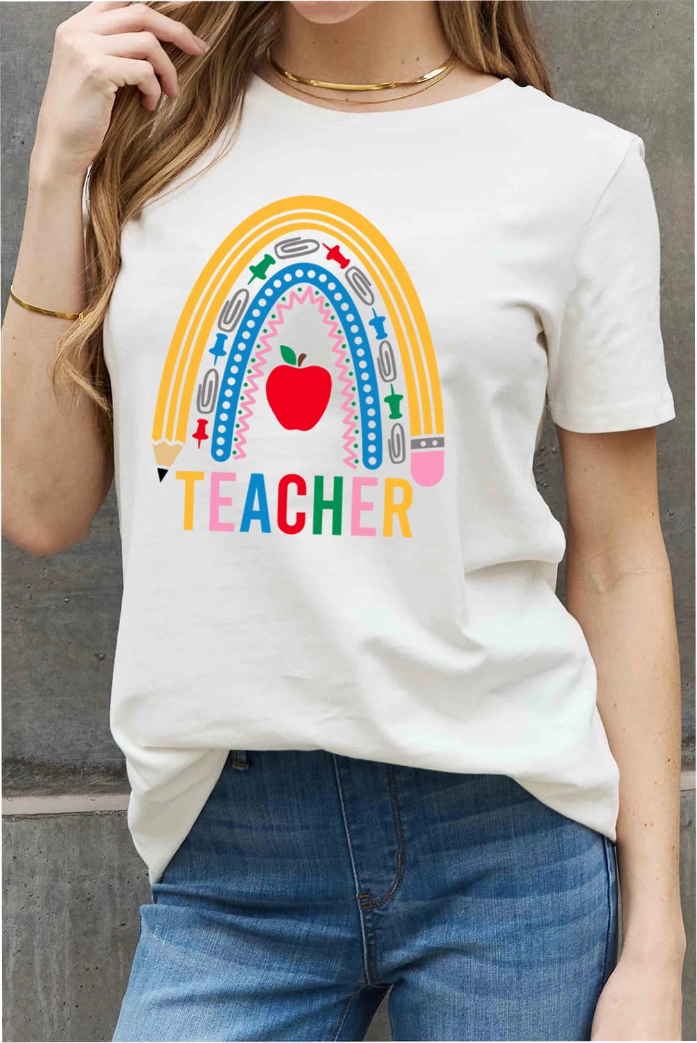 Simply Love Full Size TEACHER Rainbow Graphic Cotton Tee - Trendy AF