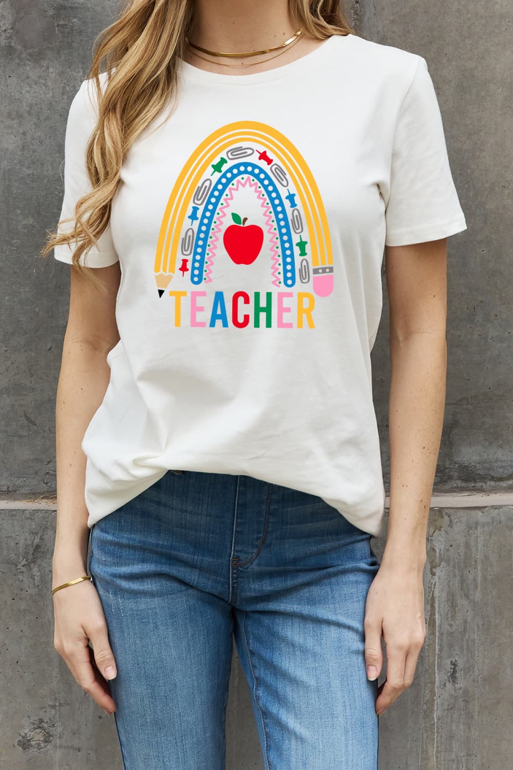 Simply Love Full Size TEACHER Rainbow Graphic Cotton Tee - Trendy AF